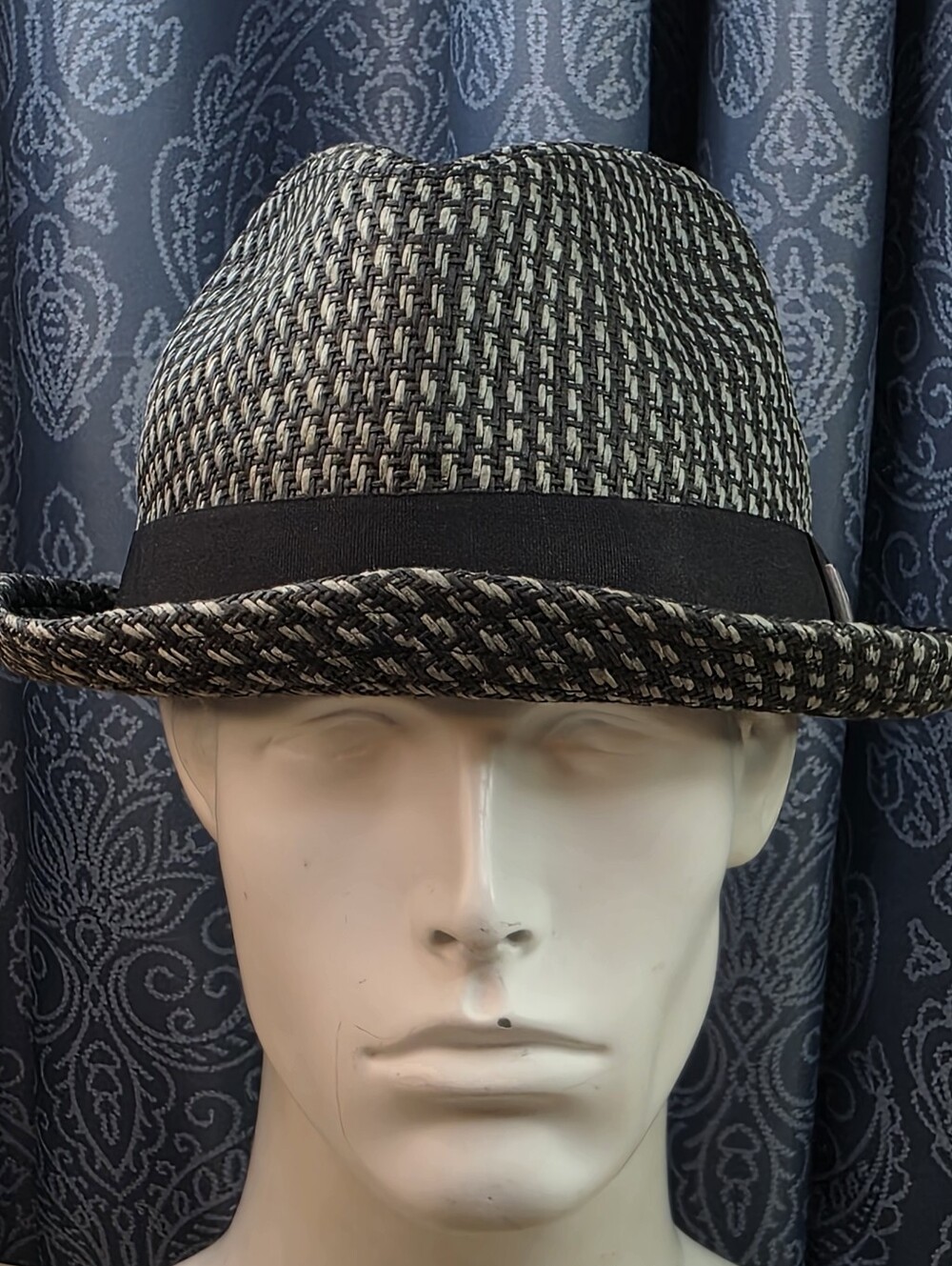 Peter Grimm "True Character" Woven Paper Straw Fedora Hat L/XL Black/ Gray